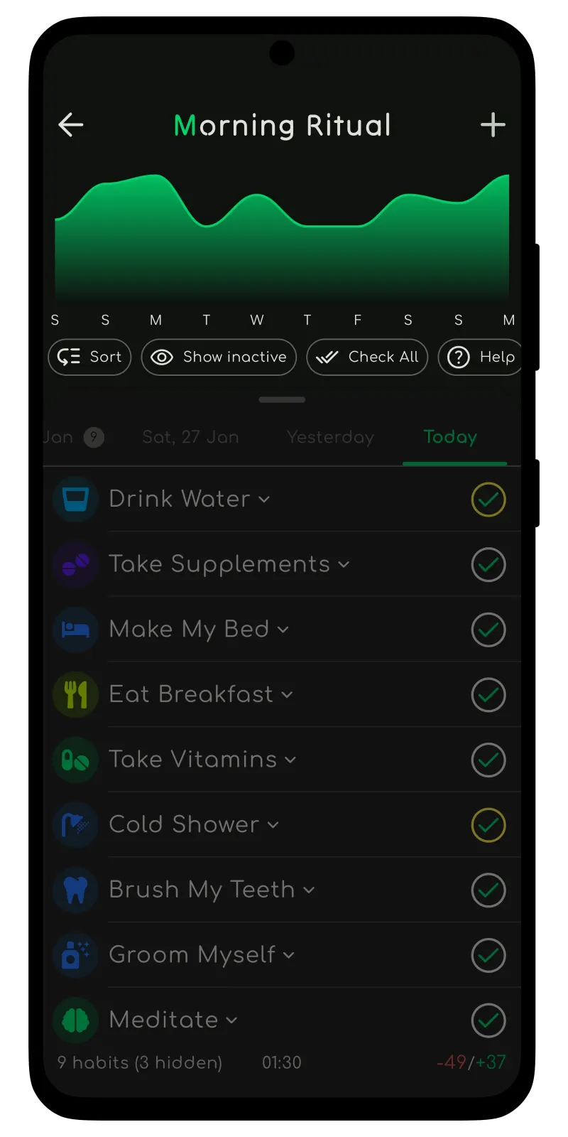 A mobile app with a colorful progress chart on screen